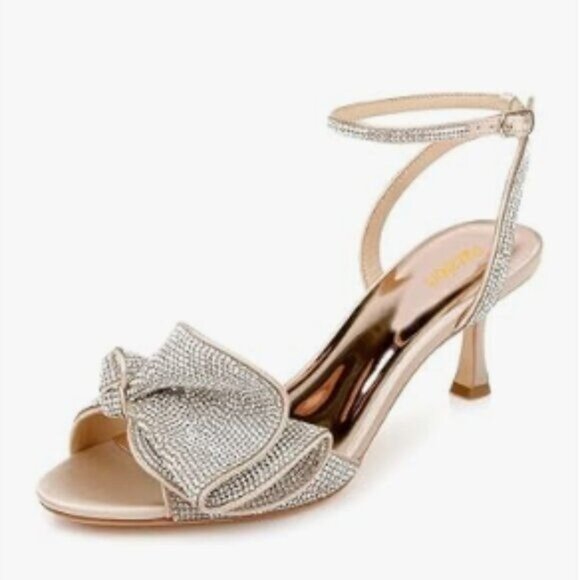 Milooey Glitter Rhinestone Bow Sandal Crystal Ankle Strap Kitten Heel Party Shoe - Picture 1 of 8